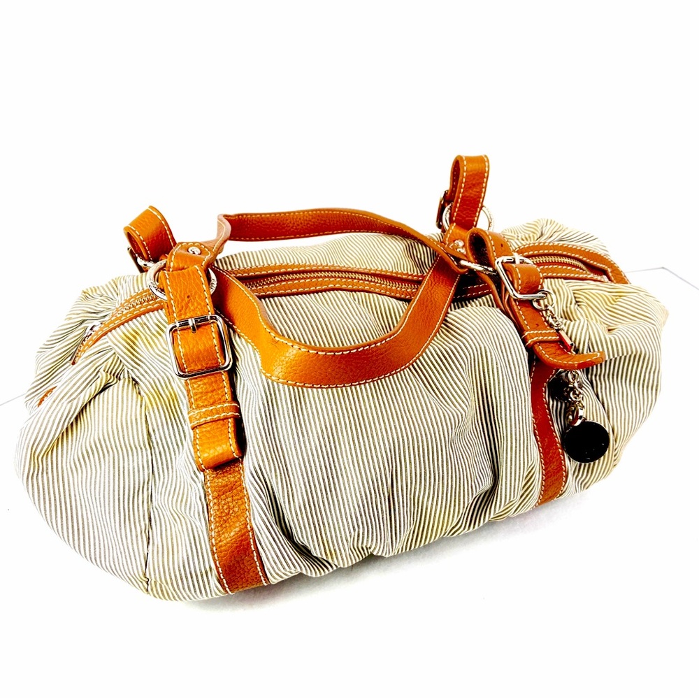 American Eagle Tan and White Stripe Zipper Shoulder Purse Duffle Bag Pink Lining